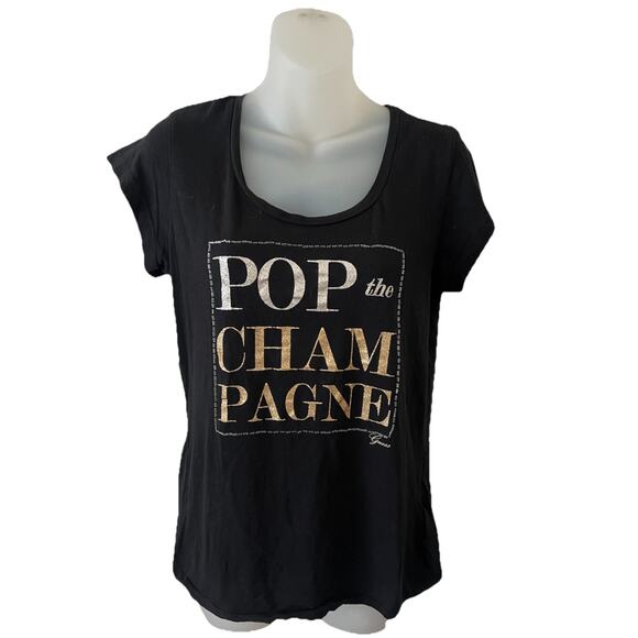 Guess ‘Pop The Champagne’ beaded Short Sleeve Tee Black Silver Gold Large EUC - Picture 1 of 11